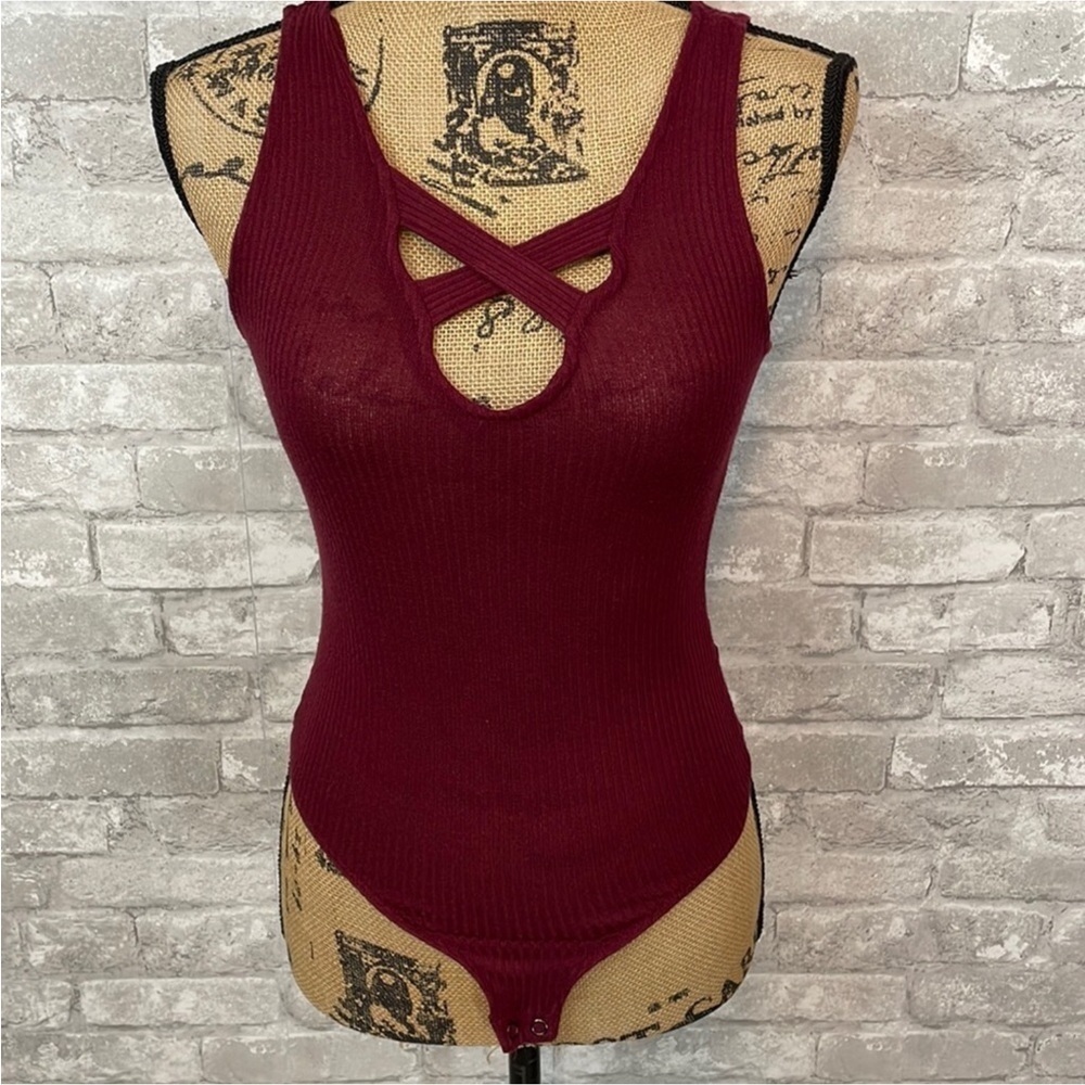 Express Burgundy Ribbed Crisscross Bodysuit